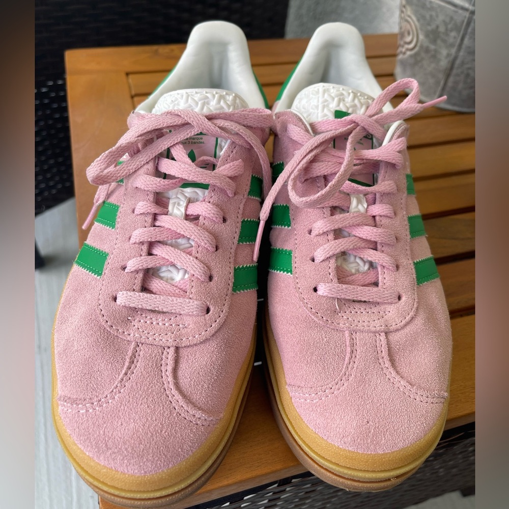 adidas Pink Suede Sneakers with Green Stripes and Gum Sole